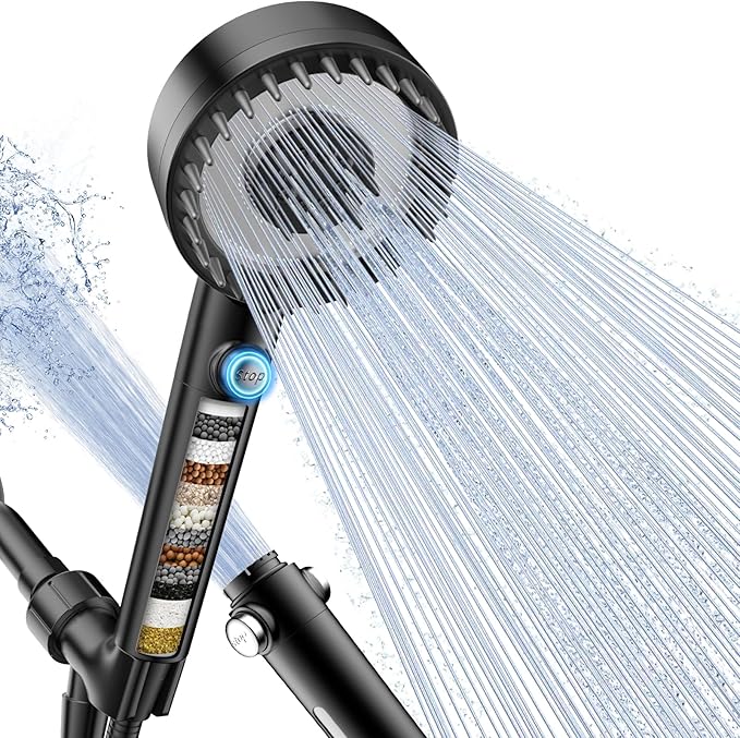 Filtered Shower Head with Handheld, High Pressure 4 Spray Mode Showerhead with Filters, Water Softener Beads for Hard Water with ON/OFF Switch for Pets - Remove Chlorine-PawvioPets