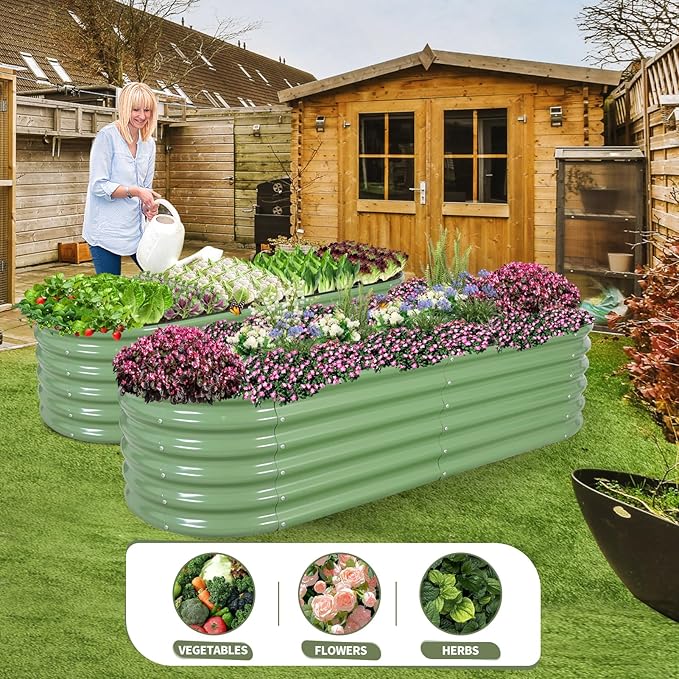 Galvanized Raised Garden Bed Outdoor- Raised Beds for Gardening| Metal Planter Box, Steel Raised Garden Bed Kit with Safety Edging and Gloves for Vegetables, Flower, Herbs (6x2x1.4FT, Green)-PawvioPets