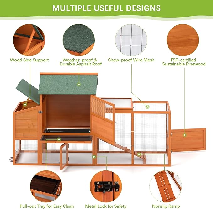 COZIWOW 82" Large Wooden Chicken Coop, Outdoor Rabbit Hutch with Wheels, Sunshine Board, Asphalt Roof, Ramp, Openable Top, Door, Window, Pull-Out Tray, Indoor Bunny Cage (Orange with Pattern)-PawvioPets