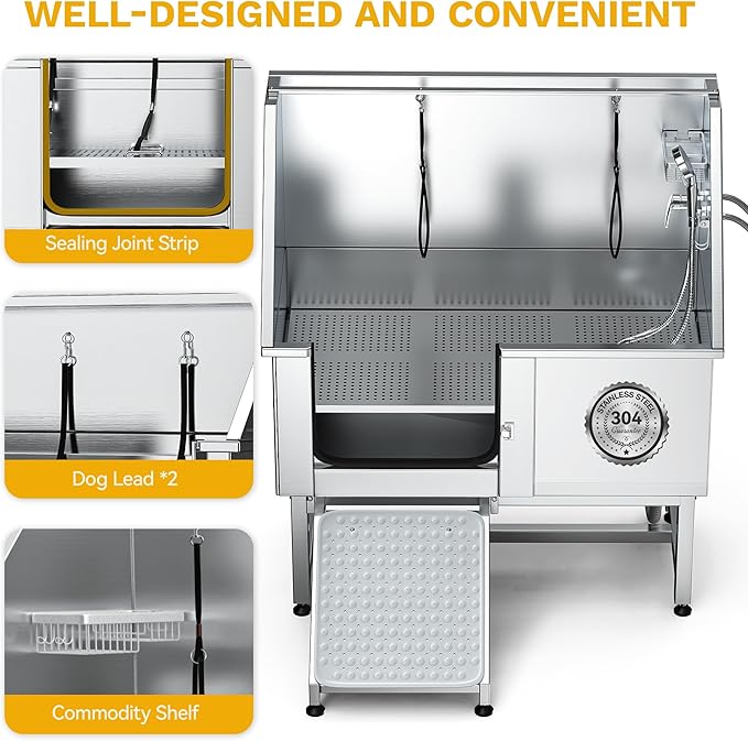 DWVO Professional Pet Dog Bathing Station for Grooming, 50'' Dog Grooming Bathtub with Left Ramp, Floor Grate, Faucet, Showerhead & Soap Holder for Large, Medium & Small Pets-PawvioPets