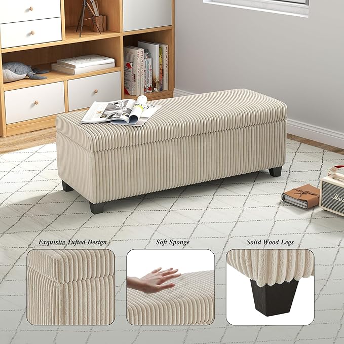 48" Ottoman with Storage, Corduroy Storage Ottoman Bench for Bedroom, End of Bed Bench with Safety Hinge for Living Room, Bedroom, Entryway, Beige-PawvioPets