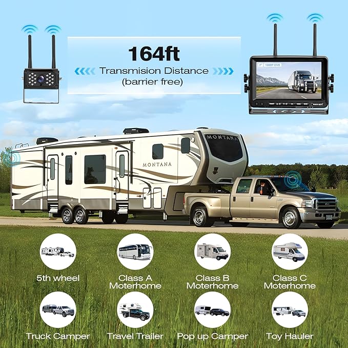 7 Inch Wireless RV Backup Camera System for Truck/Trailer/Camper/Bus, 1080P Dual/Quad Split Screen with DVR, Clear Night Vision, Support 4 Cameras, IP68 Waterproof Digital Wireless System-PawvioPets