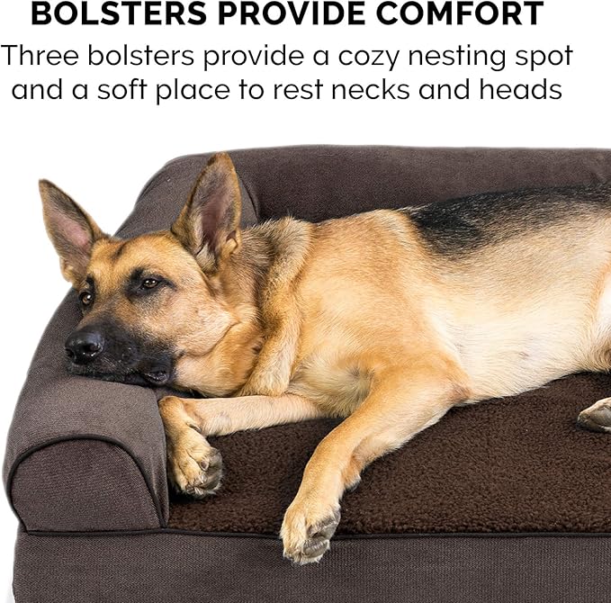 Furhaven Cooling Gel Dog Bed for Large Dogs w/ Removable Bolsters & Washable Cover, For Dogs Up to 95 lbs - Sherpa & Chenille Sofa - Coffee, Jumbo/XL-PawvioPets