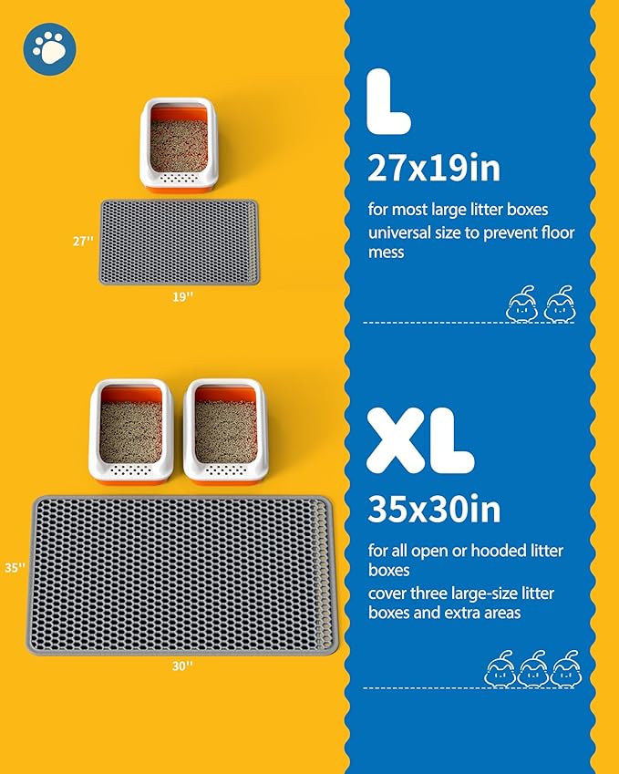 27" x 19" Cat Litter Mat - Large Litter Box Mat with Double Layers, Urine-Proof and Non-Slip Litter Trapping Mat, Easy to Clean Kitty Litter Mats for Floor, Scatter Control, Grey-PawvioPets