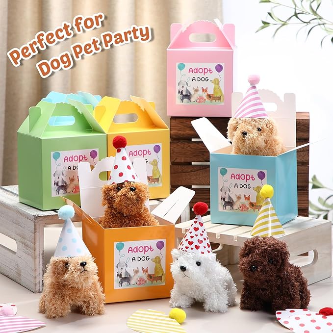20 Pcs Mini Plush Dog Bulk 4 Inch Small Stuffed Puppy Set Include 20 Adopt a Pet Kraft Paper Boxes and 20 Cute Cone Hats Soft Dog Animals for Kids Birthday Adopt a Puppy Favor Gifts-PawvioPets