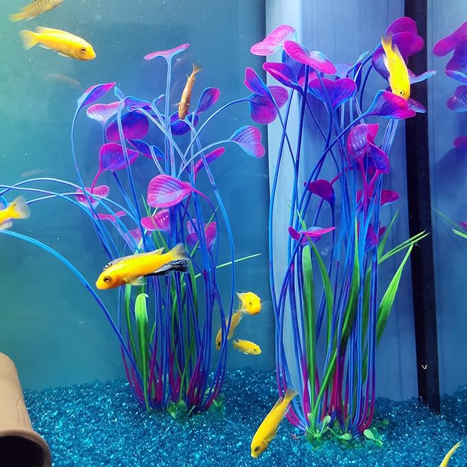 ALEGI Fish Tank Decorations Plastic Plants Large,Aquarium Artificial Plants Decoration Ornament Safe for All Fish-16 inch 2Pcs (Purple 2 pcs)-PawvioPets