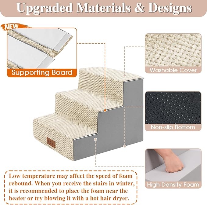 GGIB Dog Stairs for Small Dogs Pet Stairs for Sofa Couch Dog Ramp Pet Steps with Removable Washable Cover, Beige, 13" H, 3-Step-PawvioPets
