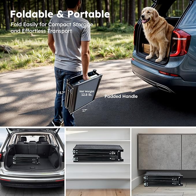 Dog Ramp for Car, 63" Folding Pet Ramp for Large Dogs up to 200 lb, 17" Wide Car Ramp for Dog, Portable Pet Stair Ramp with Nonslip Rug Surface, Outdoor Dog Ramp for Truck SUV High Bed Couch-PawvioPets