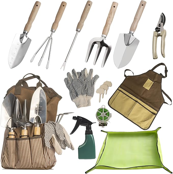 13-Piece Garden Tools Set with Tote Bag & Apron, Repotting Mat - Stainless Steel Heavy Duty Planting Kit, Ergonomic Non-Slip Handles - Gardening Gift for Women, Mom, Home Gardeners-PawvioPets