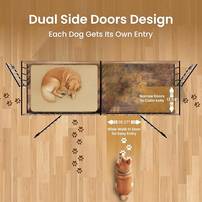 Dog Crate Furniture 78" for 2 Dogs Sturdy Heavy Duty Dog Kennel Solid Metal Tube Thick Wooden with 3 Lockable Doors XXL Double Dog Cage Large Breed as End Table for Large Dogs Rustic Brown-PawvioPets
