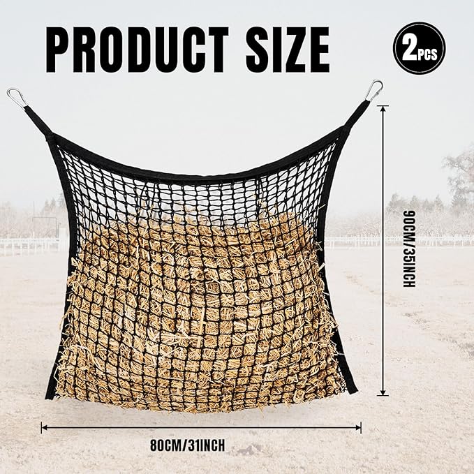 2 PCS Slow Feed Hay Net for Horses, Large Capacity Hay Bags for Horses Goats Sheep Donkey Trailer Full Day Feeding, Easy to Fill and Hang, Black, 35 x 31 Inch-PawvioPets