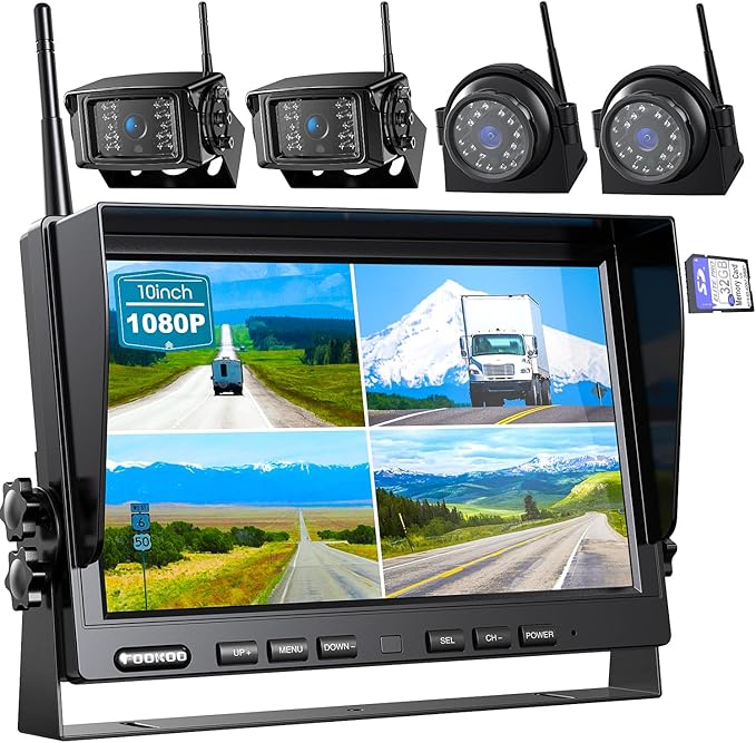 Fookoo HD 10" Wireless Backup Camera System, 1080P 10-inch Quad Split Monitor w/Recording, Waterproof Side & Rear View Cameras, 4 Channel, Digital Signal, Parking Lines for RV/Truck/Trailer-PawvioPets