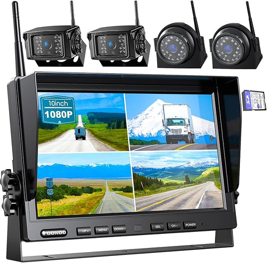 Fookoo HD 10" Wireless Backup Camera System, 1080P 10-inch Quad Split Monitor w/Recording, Waterproof Side & Rear View Cameras, 4 Channel, Digital Signal, Parking Lines for RV/Truck/Trailer-PawvioPets