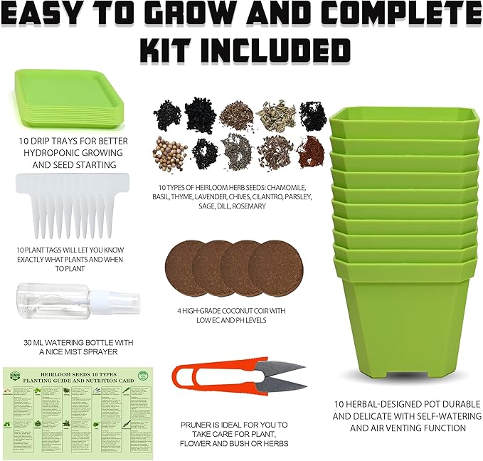 10 Herb Seeds Garden Starter Grow Kit with Green Pots, Markers, Nutritional Soil, Watering, Herb Clipper, Complete Indoor Potted Plant Growing Set for Kitchen DIY-PawvioPets