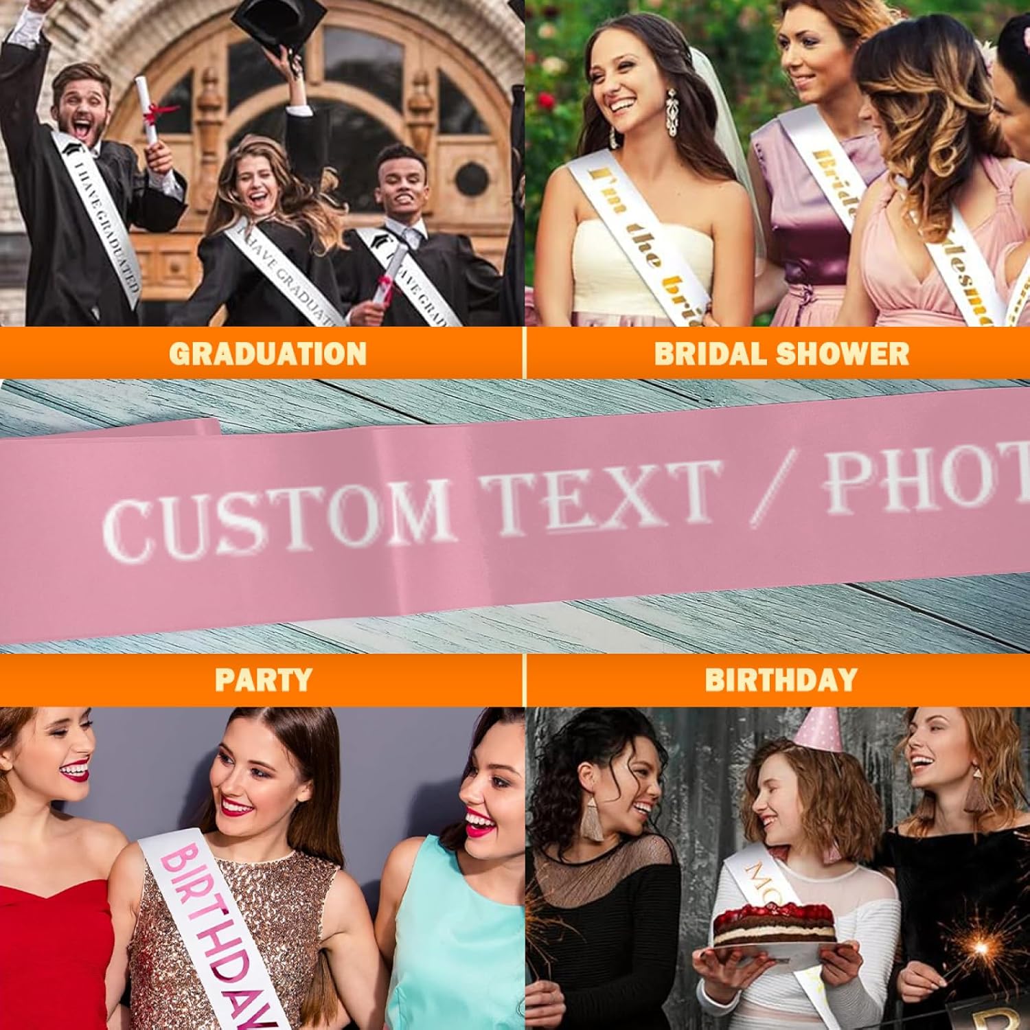 Custom Sash,Personalized Birthday Sash with Text Photo,Customized Bachelorette Sash Quote Sash Bride to Be Sash Color Optional (No decorative edge, Pink)