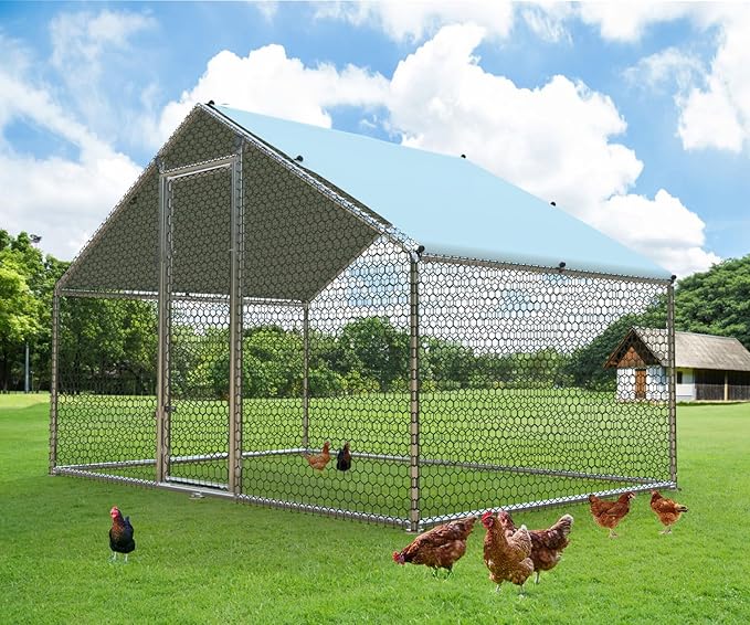 1.26’’ Large Metal Chicken Coop Walk in, Chicken Pen for Chickens, Outdoor Chicken Runs Coops Dog Kennel, Spire Roofed Chicken Runs for Yard with Anti-Ultraviolet Cover(9.8’Lx6.6’Wx6.4’H)-PawvioPets