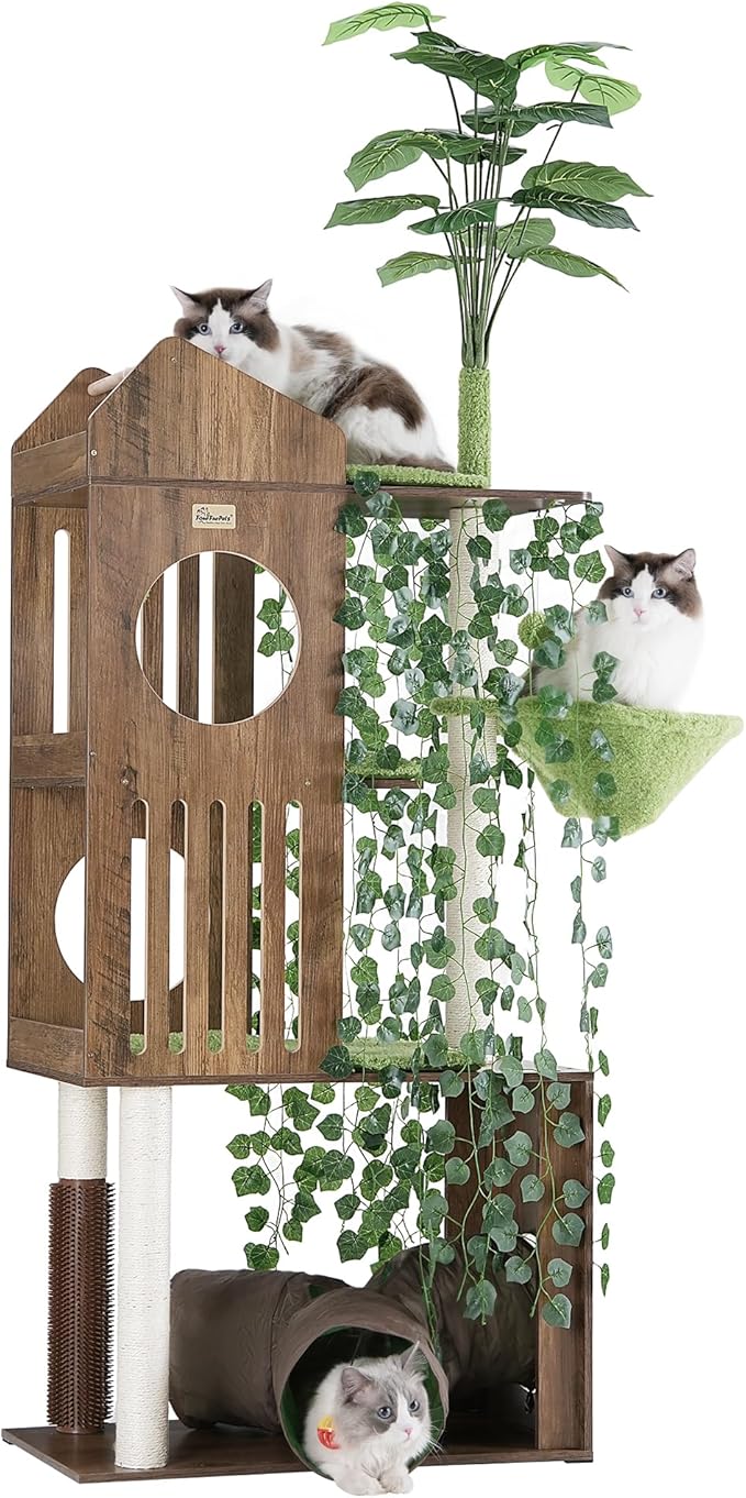 FourFurPets Large Cat Tree with Leaves, 72.8-Inch Cat Tower for Indoor Cats, Modern Cat Tree with Scratching Post, Large Perch, Tunnels, Swing Ball, Self Groomer, Greige-PawvioPets