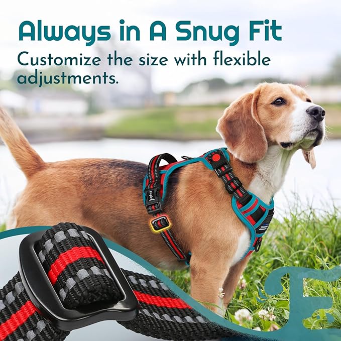Eagloo Dog Harness for Large Dogs, Easy Wearing with 3 Buckles, Adjustable No Pull Pet Harness with 2 Rings for Walking, No Chock Reflective Soft Padded Vest with Control Handle, Red & Teal, L-PawvioPets
