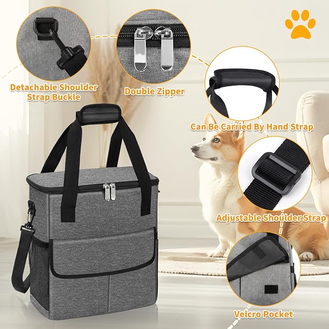 Dog Travel Bag for Camping - Weekend Pet Accessories With 2 Collapsible Bowls, 2 Food Containers, 1 Waterproof Feeding Mat - M, Grey-PawvioPets