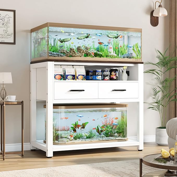 40-49 Gallon Fish Tank Stand with Two Storage Drawers, Heavy Duty Aquarium Stand with Waterproof Mat, Sturdy Metal Frame, 800 LBS Capacity Storage Cabinet, White-PawvioPets