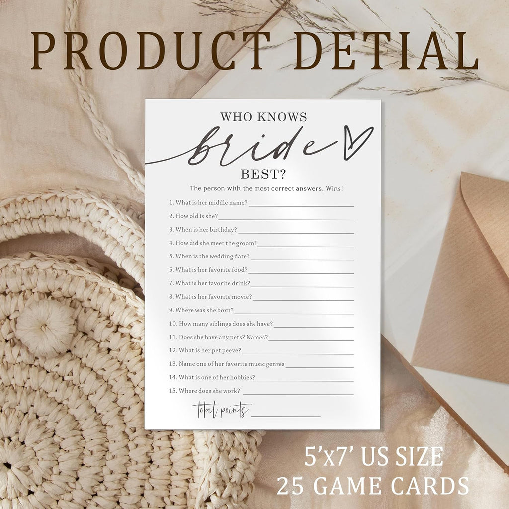 Fun Wedding Shower Games Cards Who Knows The Bride Best Engagement Party Wedding Game Bridal Shower Games 25 Guests Minimalist White Newlywed Party Supplies and Decorations - A05