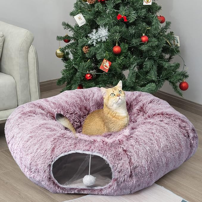 AUOON Cat Tunnel Bed for Indoor Cats - Circle Peekaboo Cat Cave with Washable Mat for Indoor Cats Kitten Kitty Puppy Rabbit Ferret (Rosiness)-PawvioPets