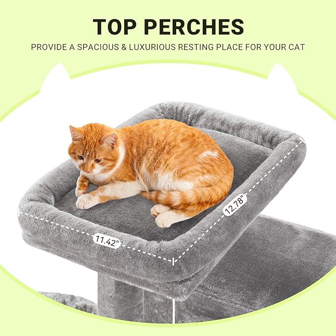 Allewie 64 Inches Cat Tree Tower/Multi-Level Activity Center for Indoor Big Felines/2 Plush Condos/2 Perchs/Basket/House/Sisal Scratching Posts/Hanging Cat Toys/Grey-PawvioPets