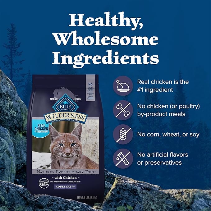 Blue Buffalo Wilderness Natural Mature Dry Cat Food for Cats 7+ Years, High-Protein and Grain-Free Diet, Supports Immune System Health and Energy to Stay Active, Chicken, 5-lb. Bag-PawvioPets