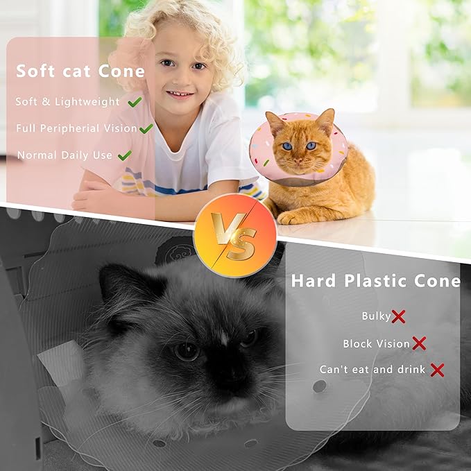 Cat Cone Collar Soft, Adjustable Cat Recovery Collar Kitten Cones to Stop Licking, Cute Donut E Collar After Surgery, Cats Neck Pillow Cone Elizabethan Cones of Shame (Waterproof Pink, Large)-PawvioPets