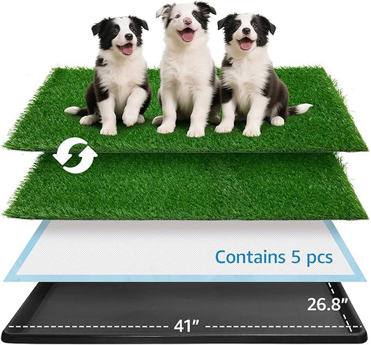 Dog Grass pad with Tray,41”x 26.8” Indoor Dog Potty with 2 Packs Replacement Artificial Fake Grass-5 Packs Disposable Puppy Pads,for Puppy Training Apartment, Outdoor Use-PawvioPets