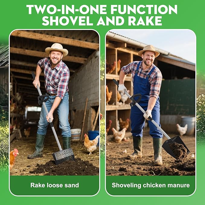 2-in-1 Chicken Poop Scooper & Rake - Adjustable Chicken Coop Scoop with Handle（39、53、67 in），Stainless Steel Shovel Head- Litter Scooper Sand & Sifting Shovel for Chicken Coops-PawvioPets