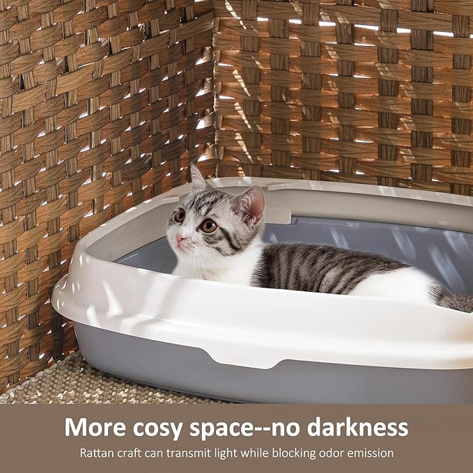 Cat Litter Box Enclosure with Soft Litter Mat; Hidden Cat Washroom Furniture with Door; Handwoven Rattan Cat House; Pet Crate for Living Room, Bedroom, Balcony (Natural)-PawvioPets