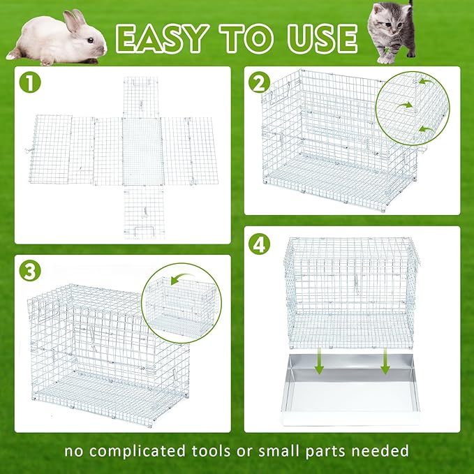 Folding Rabbit Cage, 18 x 10 x 14 in Portable Bunny Carrier with Tray and Handles for Transport, Travel or Temporary Housing, Indoor Outdoor Pet Habitat Animal Enclosure-PawvioPets