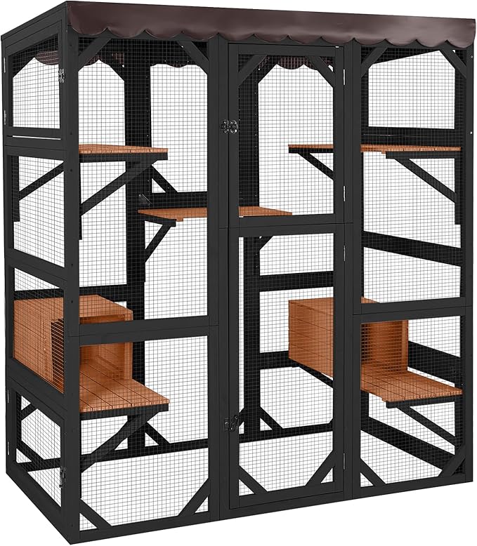 Aivituvin Catio Outdoor Cat Enclosure Large Cat House for Mulitiple Cats Walk in Kitty Cage with Tarp Roof 70" Black-PawvioPets