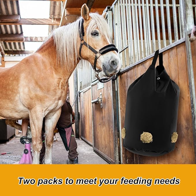 2 Pcs hay Bags for Horses Goats Slow Feed 1680D Oxford Bag Black Large Capacity Net Open Feed Hole Hay Holder for Horse Goats Sheep(5 Holes)-PawvioPets