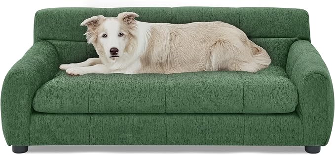 Dog Couch Bed, Mini Sofa for Dogs with Backrest and Armrest, Durable Pet Sofa with Soft Foam Cushion, Elevated Dog Couch Bed with Legs for Medium and Large Dogs, Emerald Green-PawvioPets