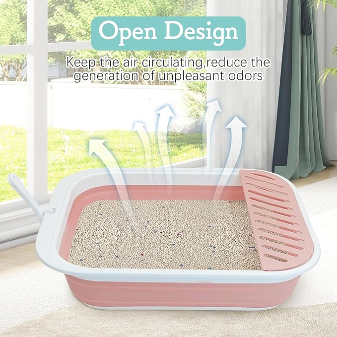 Fhiny Cat Litter Box Portable Shallow Litter Box 17.7"x13.4"x4.9" Foldable Cat Toilet with Scoop Open Kitty Potty Pan with Litter Drop Pedal Easy to Clean Travel Kitten Toilet(Pink)-PawvioPets
