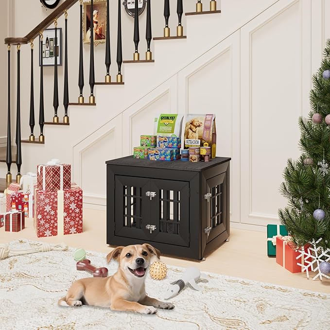 26" Heavy Duty Dog Crate Furniture for Small,Medium and Large Dogs,Rustic Wooden Dog Cage Kennel Indoor Furniture with Waterproof Top,Decorative Pet House Side End Table (Black & Grey)-PawvioPets