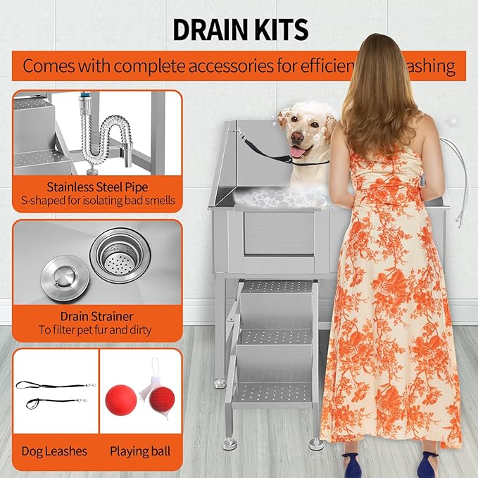 Dog Washing Station 38'' Stainless Steel Pet Grooming Tub for Large Dogs Over-Size Professional Dog Grooming Bathtub Station Wash Shower Sink Pet Grooming Bathtub Station,Left Door-PawvioPets