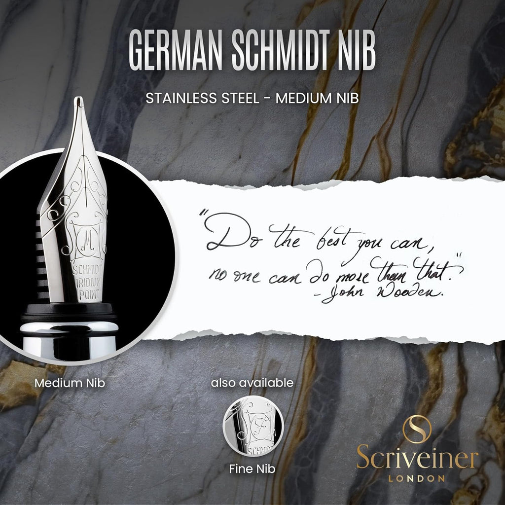 Scriveiner Personalized Midnight Blue Pen - Stunning Blue Lacquer Luxury Pen, Chrome Finish, German Schmidt Nib (Medium), Best Engraved Fountain Pen Gift Set for Men & Women, Name Engraving