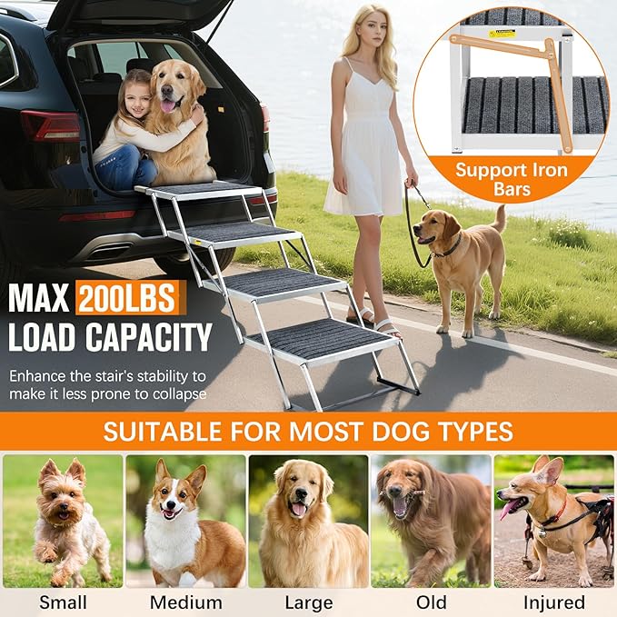 20" Extra Wide Dog Ramp, 4-Step Foldable Pet Stairs with Non-Slip Carpet - Lightweight Aluminum for SUV/Truck/Car & High Beds - Supports Large Dogs up to 200Lbs-PawvioPets