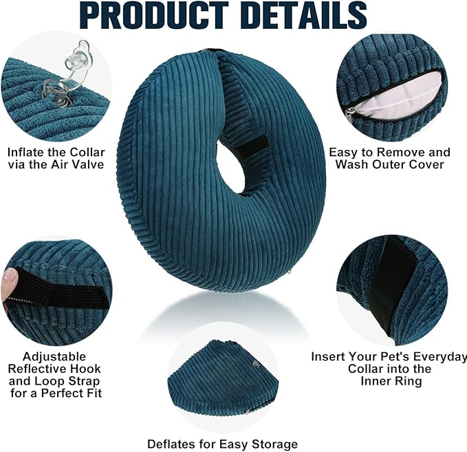 BINGPET Inflatable Dog Cone Collar Alternative After Surgery,Soft Recovery Cone for Dogs to Stop Licking,Protective Neck Donut E Collar Adjustable for Small Medium Large Dogs & Cats(Navy Blue,M)-PawvioPets