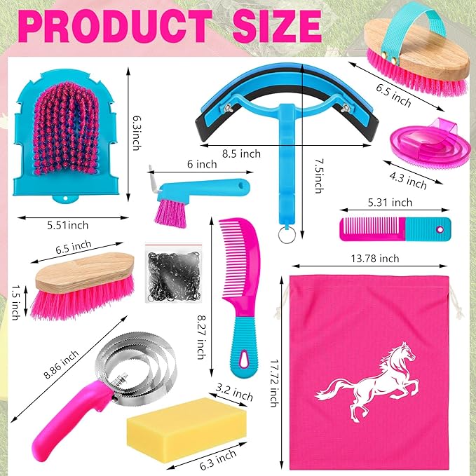 Abbylike 12 Pieces Horse Grooming Kit Racing Festival Tack Room Supplies Horse Brush Sets Equine Care Cleaning Kit Shedding Grooming Massaging Tools(Rose Red)-PawvioPets