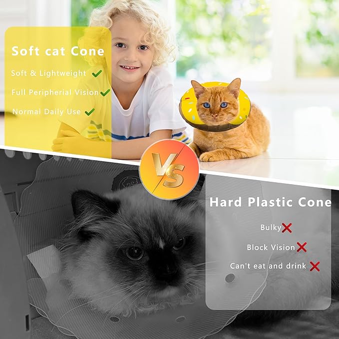 Cat Cone Collar Soft, Adjustable Cat Recovery Collar Kitten Cones to Stop Licking, Cute Donut E Collar After Surgery, Cats Neck Pillow Cone Elizabethan Cones of Shame (Waterproof Yellow, Small)-PawvioPets