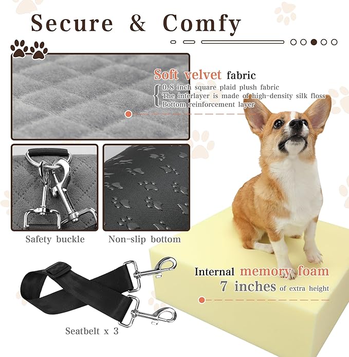 Dog Booster Car Seat for Small/Medium Dogs up to 35 lbs,Interior 7 Inches Elevated Pet Booster Seat,Ultra Soft Fabric and Memory Foam Car Dog Bed,Safety,Comfy,Fully Detachable Washable(H-Black/Grey)-PawvioPets