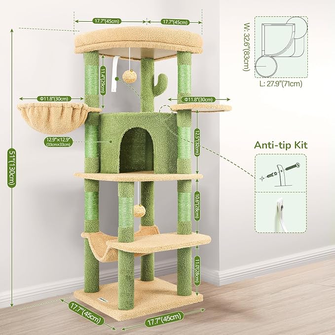 Globlazer Cactus Corner Cat Tree Tower with Scratching Post for Indoor Cats, 51in Multi-Level Cat Condo Tower with Large Hammock, Fan-Shaped Padded Perch, Spacious Cat Cave, Hanging Basket, C51, Green-PawvioPets