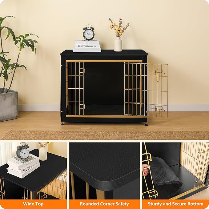 DWANTON Dog Crate Furniture with Cushion, Wooden Kennel Table with Double Doors, Indoor Dog House, Medium Size, 32.5" L, Black+Gold-PawvioPets