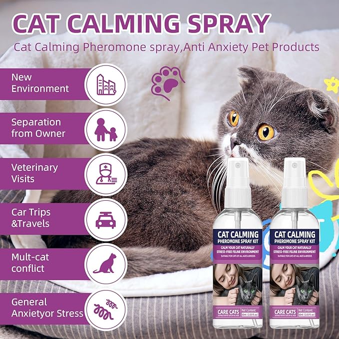 Cat Calming Pheromone Spray Kit Feline Calm Pheromones Vet Recommended Drug-Free Anxiety Relief for Multi-Cat Homes,Stops Scratching & Urine Marking,60-Day Supply | Drug-Free (2 * 60 mL)-PawvioPets