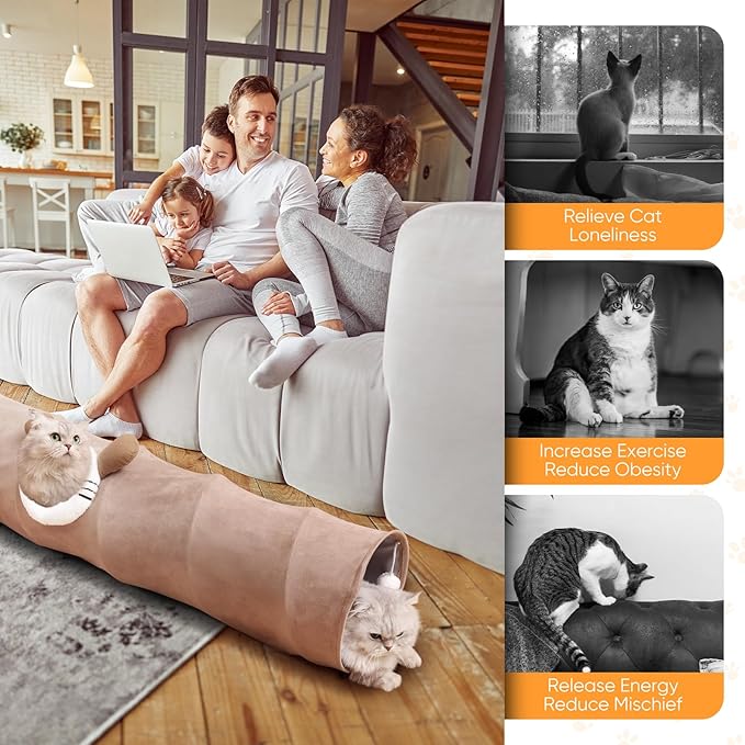 Collapsible Cat Tunnel Straight Tube for Indoor Cats & Kittens Large Foldable Play Cave Toy with Hanging Ball & Peek Hole,Ideal for Rabbits, Ferrets, Puppies & Small Pets-PawvioPets