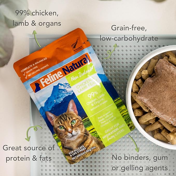 Feline Natural Wet Cat Food Pouch - Chicken & Lamb Feast, Grain-Free, Cage-Free & Grass-Fed, New Zealand Made, Single Serve Pate, 3oz, 12 Pack-PawvioPets